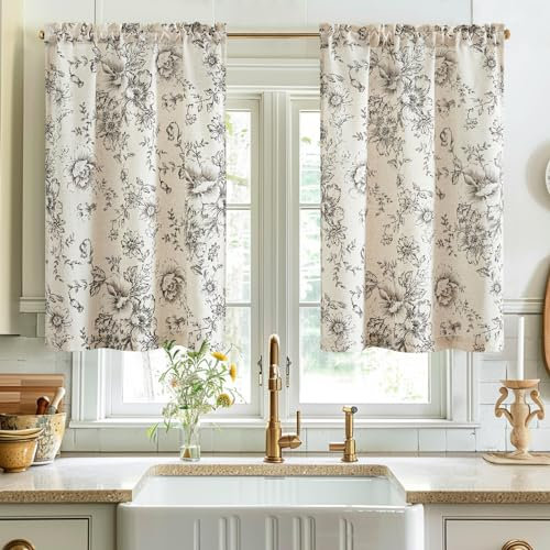 TOPICK Tenda da cucina con fiori neri e beige, con 2 pezzi, 65 x 90 cm (L x A)