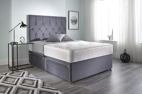 DECORE4U LTD - Ziggy Grey Plush Divan Bed with 2 Spacious Storage Drawers | Premium Room Décor 4FT6 Double Bed Frame with Spring Memory Foam Mattress & 26” Elegant Headboard