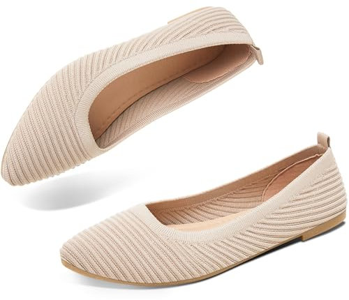 ALTOCIS Women's Knit Ballet Flats, Comfortable Pointed-Toe Dressy Shoes, Casual Soft Flat Shoes, Ballerina Walking Flats, Beige, 5 UK