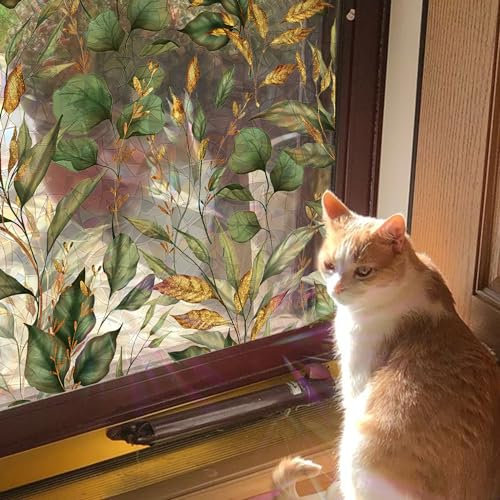 funlife Rainbow Stained Glass Privacy Decorative Window Film, Suncatcher Green and Golden Leaves 43X300CM