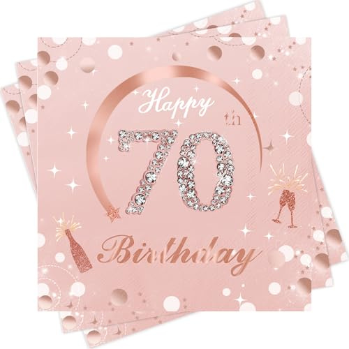 Wentsent Lot de 40 serviettes de table en papier pour le 70e anniversaire Rose doré – Happy Birthday Milestone Décoration de table pour femme, fête, jubilé