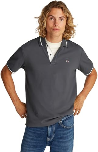 Tommy Jeans Herren Poloshirt Kurzarm Tipped Regular Fit, Grau (Washed Black), L