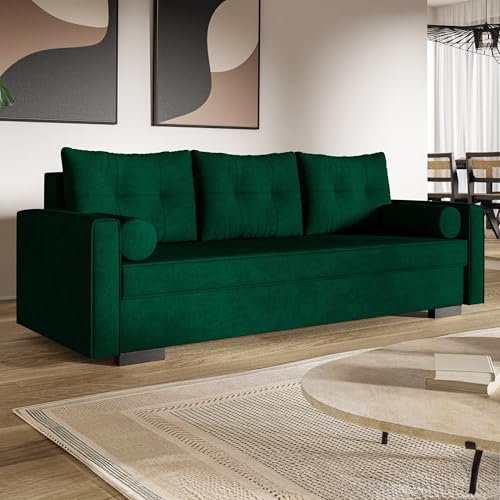 MOTIVENA Vienna Sofagarnituren, 3 Sitzer Sofa mit Bettfunktion, Schlafsofa 215 cm Breit, Klappsofa mit Schlaffunktion, Bettsofa mit Schlaffunktion, Taschenfederkern (H3), Samt Sofa Grün (Dunkelgrün)