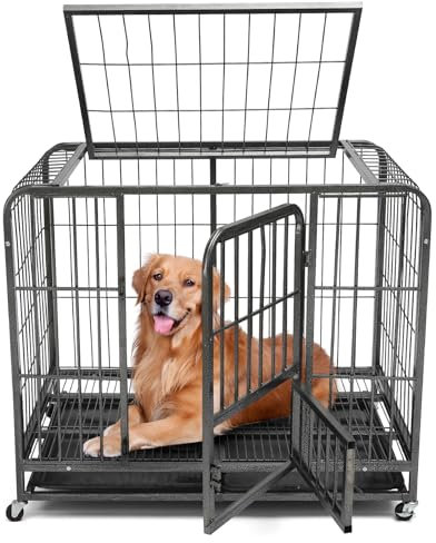 Starbover Dog Crate, Dog Cage Heavy Duty Metal for Large&Medium Dogs, Double Door Dog Cages with Removable Tray and 2 Lockable Wheels, 79x54x73cm