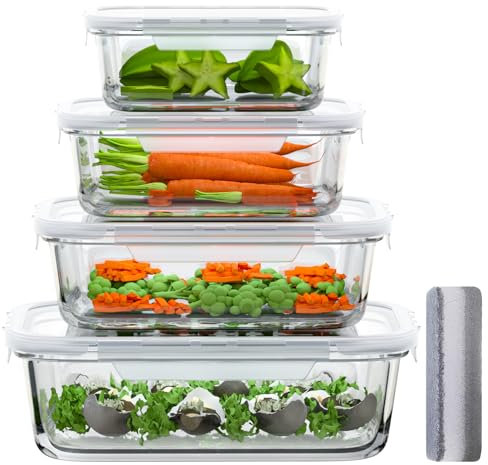 Bstask Meal prep Boxen Set, Set of 4 Glasschüssel Mit Deckel, Mehrere Größen Kitchen Storage Containers, BPA Free Airtight Food Container, Mikrowellen und gefriersicher, 410ml +680ml +1040ml +1520ml
