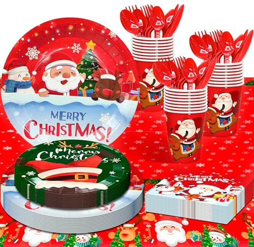 Vaisselle de Fête en Papier de Noël, 65pcs Fête de Noël Vaisselle Set - Assiette Noel Carton, Serviette en Papier Noel & Nappe de Decoration Noel etc Vaisselle de Fête Sur le Thème de la Noël