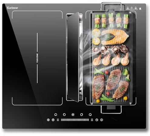 Karinear Placa de inducción 4 quemadores con extractor integrado, 60 cm, zonas flexibles, temporizador, bloqueo de seguridad, diseño integrado con función de refuerzo, control deslizante táctil