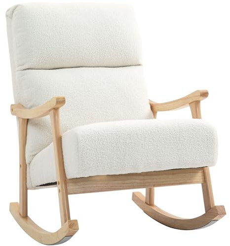 HOMCOM Mecedora de Borreguito Moderna Silla Mecedora con Patas y Reposabrazos de Madera de Haya Respaldo Alto Mecedora para Lactancia Carga 120 kg para Dormitorio Salón Crema