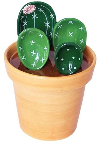 Graziosi cucchiai dosatori per cactus - 4 cucchiai da forno in ceramica con supporto, set di cucchiai dosatori per cactus in organizer per vasi | Graziosi misurini per cactus e 1 tazza per cottura al