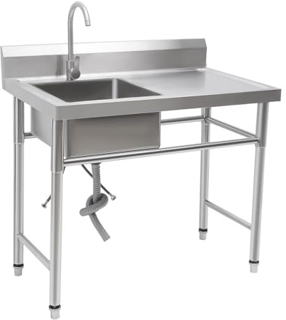 TESUGN 1 Becken Freistehende Edelstahl Spültisch,Outdoor-Waschbecken mit Abflusseinheit und Wasserhahn,100 * 60 * 93cm Multifunktions Waschtisch Edelstahl für Außen, Innen, Küche, Restaurant