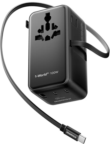 MOMAX Universal Travel Adapter with USBC Cable 100W GaN Travel Plug Adapter | Travel Adapter Worldwide with 3 USB-C & 1 USB-A, 2 AC, Type A/C/G/I Plugs for 200+ Countries, Safe for Laptops, Phones, Black