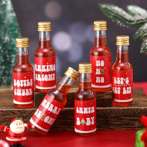 Meanplan 30 Pcs 1.7 oz Christmas Plastic Wine Bottles with Label Stickers Mini Empty Liquor Shot Bottles with Black Screw Caps and Funnels for Christmas Party Favors