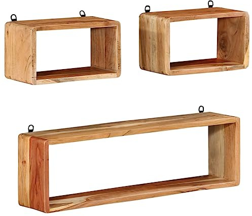 HaoChrymec 3-TLG. Würfelregal-Set aus Massivholz Akazie, Wandregal Würfel mit natürlichem Finish, Schwebendes Regal, Raumteiler Regal für Wohnzimmer, Büro, 80 x 15 x 25 cm, 35 x 15 x 20 cm