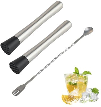 Lote de 2 morteros para cócteles con cuchara de bar, triturador de hielo de acero inoxidable y prensa para mojito – Herramientas de bartending para caipirinha, bebidas y accesorios de bar, accesorios