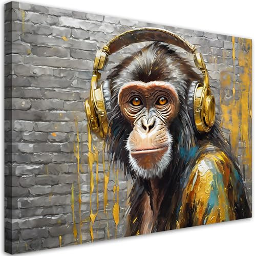 Feeby Leinwand Bilder - Affe Kopfhörer Musik - Canvas 115x75 cm - Deko Wohnzimmer - Wandbilder Schlafzimmer - Deko Aesthetic - Wand Deko - Leinwand Groß - Deko Zimmer - Leinwandbilder XXL