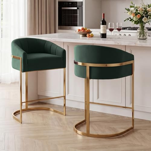TQHOQ Bar Stools Set of 2, Velvet Upholstered Bar Chairs with Gold Metal Legs, Kitchen Stools with Backs Green