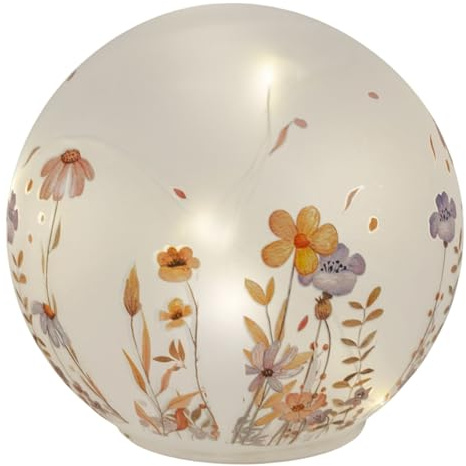 formano LED Deko Kugel Glas Wiesenblumen 15cm Matte Glasleuchte mit Blumen-Dekor - Timer 6h/18h, batteriebetrieben (3× AA), stimmungsvolles Ambientelicht für Tisch, Fensterbank & Regal