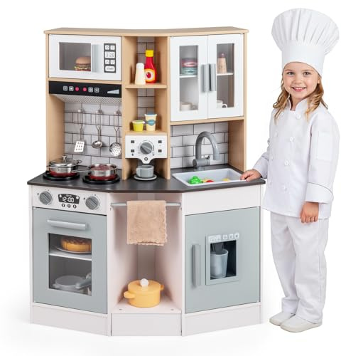 FANTASK Cocina de Juguete de Madera con luz y Sonido, Accesorios de 10 Piezas, Estufa/Fregadero/Horno y electrodomésticos múltiples, Cocina Infantil a Partir de 3 años (Gris)