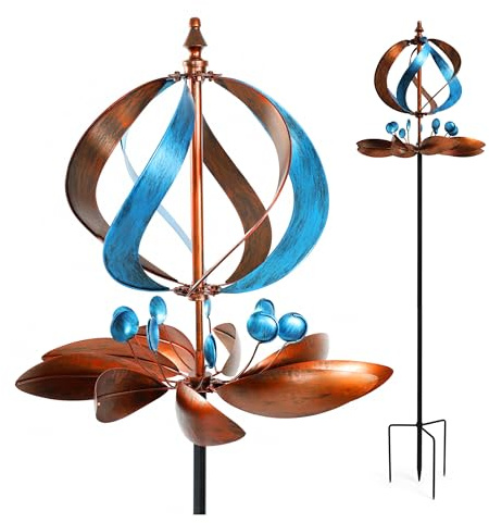 Lemodo Windrad Comet, Windspiel für Garten aus Metall, 2 gegenläufige Rotoren, 213 cm Gartenstecker mit Erdspieß, antikes Kupfer Blau, bewegte Gartendeko für Beet, Terrasse & Vorgarten (blau/Kupfer)