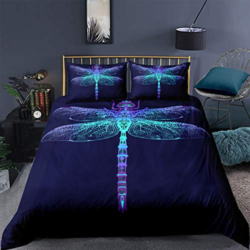 Loussiesd Dragonfly Duvet Cover Set King Size for Kids 3D Print Nature Insect Bedding Set Animal Comforter Cover with 2 Pillow Shams Zipper Ultra Soft Microfiber Modern Design Bedspread Cover