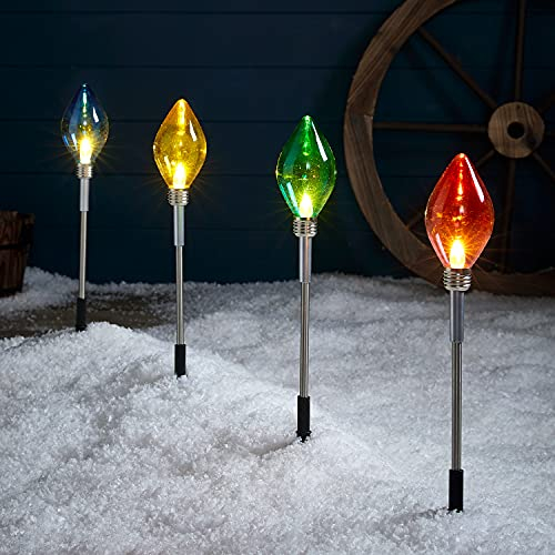 Lights4fun Set of 4 Multi Colored C9 Light Bulb Battery Operated LED Outdoor Christmas Decoration Garden Stake Path Lights 46cm