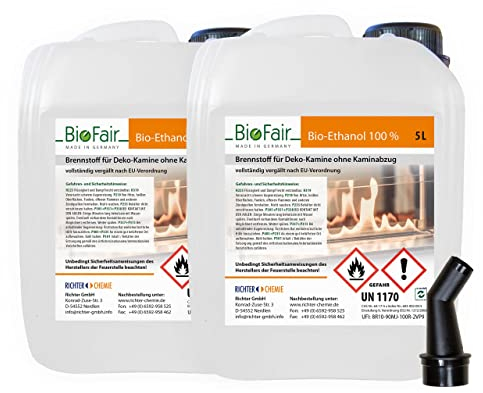 10 Liter (2 x 5L) Bioethanol 100% in geprüfter Premium Qualität für Bioethanolkamin, Ethanol Tischkamin, Wandkamin