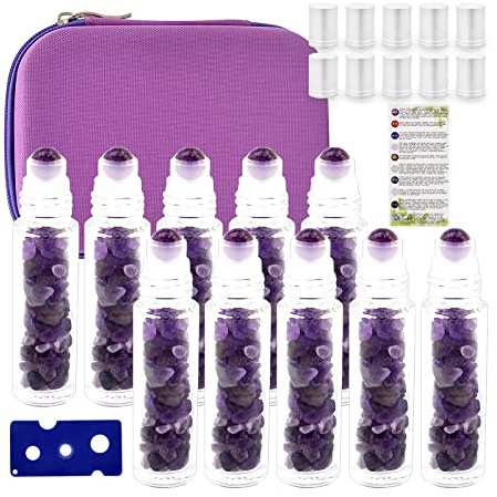 Juanxian 10pcs 10ML Clear Glass Bottles w Free Carrying Case Natural Semiprecious Stones Essential Oil Gemstone Roller Ball Healing Crystal Chips Inside（Amethyst）