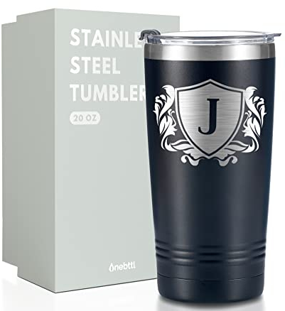Onebttl Personalised Gifts for Men with Initials, Custom Coffee Cups, Monogrammed Travel Tumbler for Him, Unique Birthday Christmas Gifts for Men who Have Everything, Black, 590 ml, J