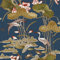 Lotus Pond Navy Wallpaper - Floral Crane Bird Lily Pads Crabs Silk Textured Paste The Wall Modern Non-Woven Vinyl