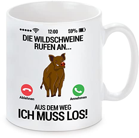 witzige Tasse mit Motiv - Wildschweine/optional personalisierbar mit Wunschtext auf der Rückseite (Motiv mit Wunschtext)