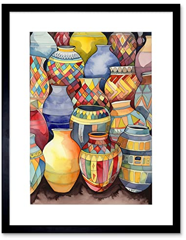 Artery8 Glazed Ceramic Pot Vases Folk Art Artwork Framed Wall Art Print 12X16 Inch