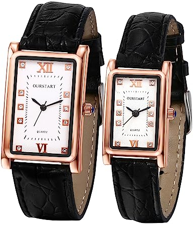 JewelryWe Paar Uhren Rechteckig Partneruhr: 2pcs Vintage Analog Quarz Partner Freundschaft Armbanduhr Schwarz Lederarmband Uhr mit Eckigem Römischen Ziffern Strass Zifferblatt Geschenk für Sie und ihn