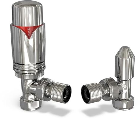 UK Radiators Chrome Thermostatic Radiator Valve and Chrome Lockshield Valve - Chrome Classy and Modern Design 1/2 x 15mm Angled Radiator Valve