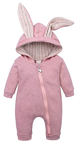 Kaninchen Solid Ear Jumpsuit Jungen mit Kapuze Säuglingsreißverschluss Kleidung Mädchen Strampler Baby Jungen Strampler & Overall Strampler Nicki Langarm (Pink, 3-6 Months)