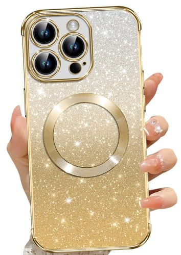 Phoona für iPhone 14 Pro Max Hülle, Magnetisch Handyhülle Kompatibel mit MagSafe, Keine Vergilbung, Kratzfeste, Ganzkörperschutz Glitzer Hülle für iPhone 14 Pro Max, Mit 2 Schutzfolie, Gold