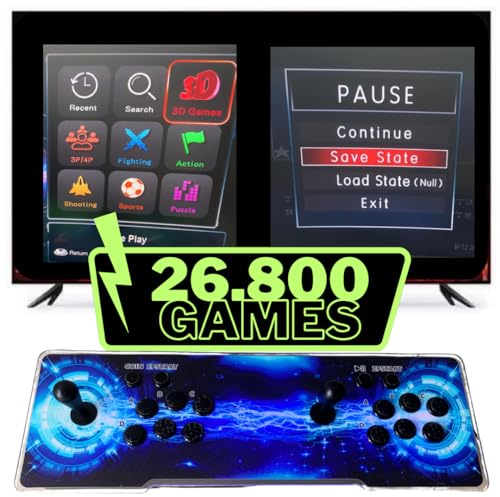 Consola Máquina Arcade con 29800 Juegos Retro y Juegos 3D Originales con LED Que cambian de Color y Sistema de Sonido y joysticks ovalados