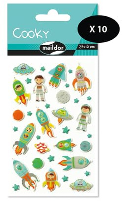 Maildor CY005Opack - Packung mit 10 Bögen 3D Sticker Cooky/Aufkleber, 7,5x12cm, Weltraumraketen, 350 Stickers, 1 Pack
