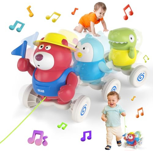 Usrela Musikalisches Baby krieches Spielzeug für 1-2 Jahre alt, Babyspielzeug für 6-9-12-18 Monate mit Bären, Pinguinen, Dinosaurier, Weihnachts Geburtstags Geschenk für 1 Jahre alte Jungen Mädchen