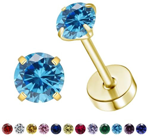 Natürliche Geburtsstein Ohrstecker für Frauen Teenager Mädchen, kleine 3mm CZ Ohrstecker flach zurück Ohrringe, Schraube zurück winzige Ohrringe Ohrstecker (Gold, 3-Aquamarin)