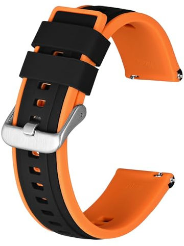BISONSTRAP Bracelets de Montre en Silicone pour Hommes, Bracelets de Remplacement en Caoutchouc Souple, 20mm, Noir/Orange (Boucle Argentée)