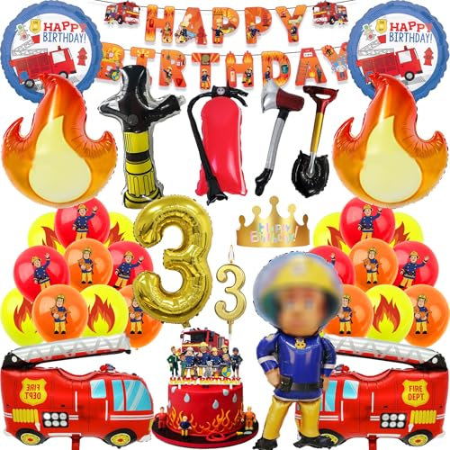 3. Feuerwehr Geburtstag Deko Feuerwehrmann Geburtstagsdeko Jungen 3 Jahre Feuerwehr Kindergeburtstag Party Luftballons Feuerwehrmann Geburtstag Tortendeko Folienballons Happy Birthday Banner (Zahl 3)