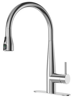 Puretap Grifo de cocina extraíble de níquel cepillado de arco alto de un solo mango, grifos de fregadero de cocina de acero inoxidable con pulverizador extraíble, pantalla digital de temperatura