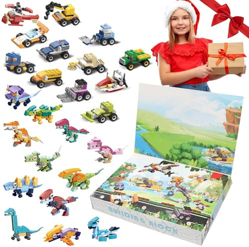 Yuragim Adventskalender 2024, Adventsgeschenk für Kinder und Erwachsene, 24 Tägiger Weihnachts Adventskalender 2024 Bausteine Dino Automodell Weihnachts Countdown Kalender Kinderspielzeug Geschenk