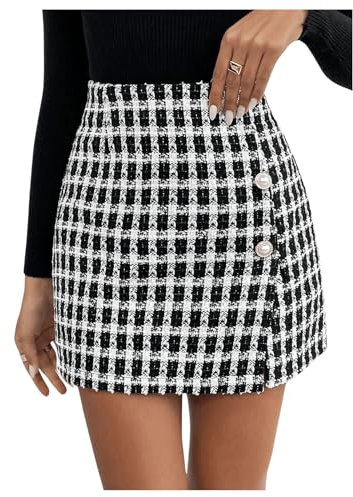 GORGLITTER Kurze Tweed Rock Damen Herbst Karierter Mit Schlitz Eleganter Mit Knöpfen Schwarz M