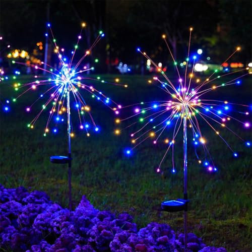 2 Pcs Solar Firework Lights Outdoor 200 LEDs,Garden Decoration Fairy Light Waterproof,8 Lighting Modes Starburst Light,Solar Powered Fireworks LED Lamp for Patio Yard Party Pathway Lawn (Colorful)