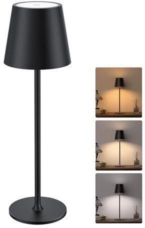 JACKYLED Rechargeable Table Lamp, 5000mAh Portable LED Cordless Lamp, 3 Adjustable Heights, Smooth Dimmable in 3 Colors, Waterproof for Bedroom, Dining, Outdoor - Black (1er-Pack)