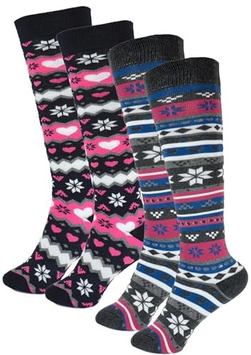 A2Z 2-Pack Ladies Knee-High Socks Fairisle Novelty Wellington Winter Thermal Socks Warm Stretchy Knit Snowflake Welly Boot Socks Fair Isle Hearts Cotton Rich Cold Weather Outdoor Activities Xmas Gift