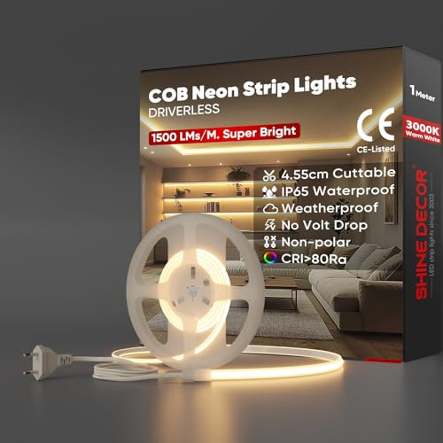 Shine Decor COB LED Streifen 1m, AC 220V 230V IP65 Wasserdicht LED Band, SMD2025 286 leds/m Ultrahohe Helligkeit Lichtleiste für Home Decoration Küche Garten LED Beleuchtung (1M, Warmweiß)