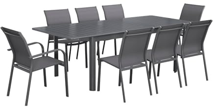 sweeek - Table de Jardin Extensible Aluminium et textilène Anthracite. 6 chaises. 2 fauteuils. 8 Places. 236.5 x 100 x 75 cm