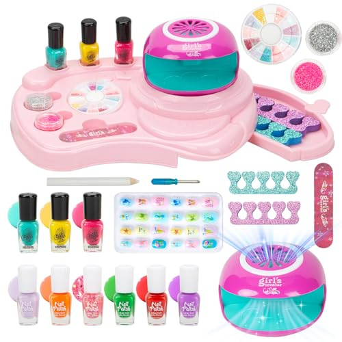 Children's Nail Polish Set for Girls, Nail Art Kit with Nail Dryer, 9 Peel Off Washable Nail Polish, 24 Press on Fake Nails, Glitter Powder, Gifts for Girls Age 6-12 Years